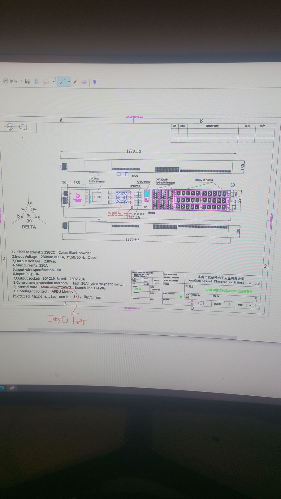 APDU engineering drawing with input/output sockets, wiring spec, and 3-phase DELTA diagram
