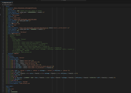 Home Assistant YAML configuration monitoring mining hash-rate, price and efficiency